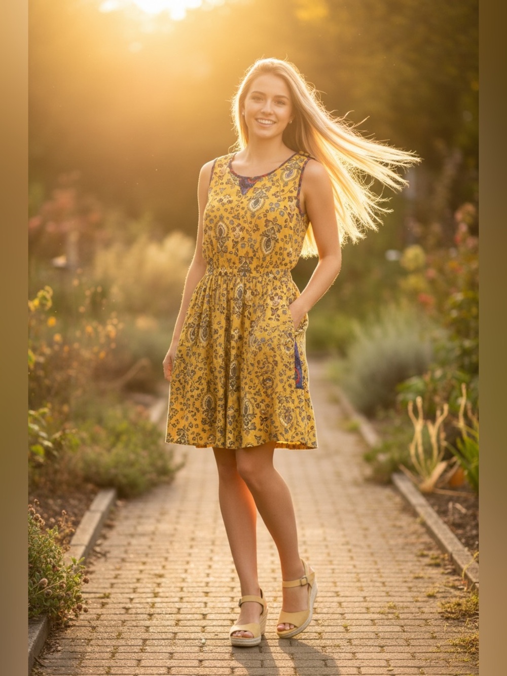 435 Matilda Jane Yellow Printed Mini Dress with Blue Pocket Accents